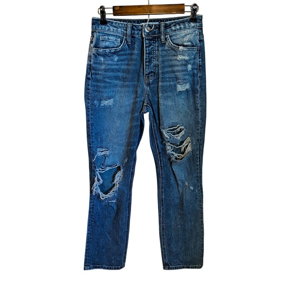 Flying Monkey Distressed Button Fly Jeans Women's Ripped Blue Denim Straight Fit - Picture 1 of 13